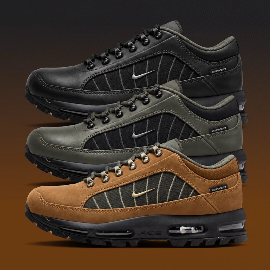 Carhartt WIP x Nike Air Max Goadome Low three-colorway pack on dark gradient — photo via Fullress