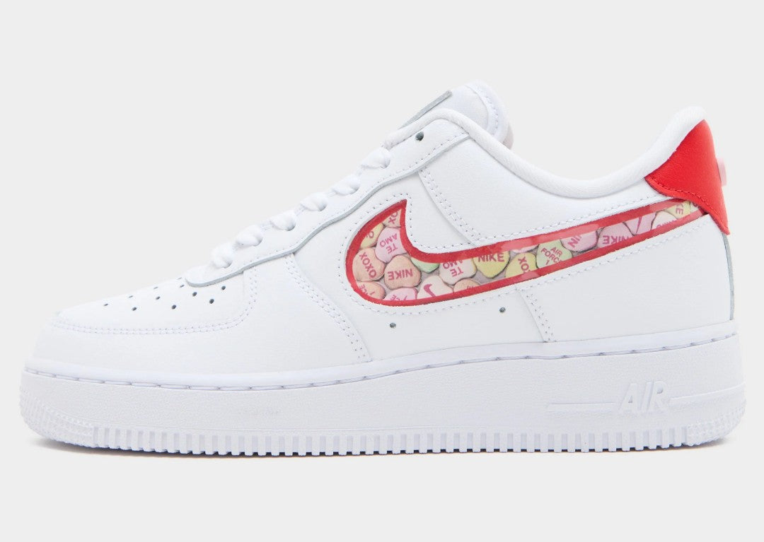 Nike Air Force 1 Low Valentine 2027 Candy/White with a clear Swoosh full of conversation hearts