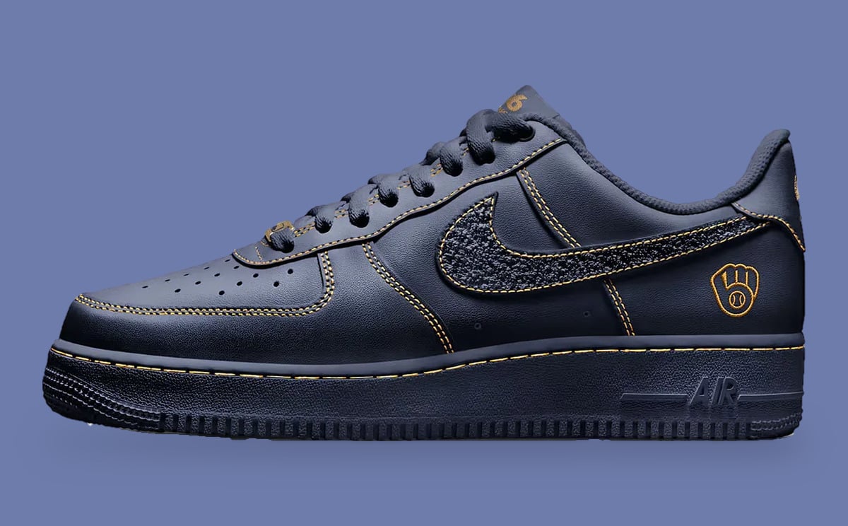 Nike Air Force 1 '07 Milwaukee Brewers in navy with golden yellow stitching, image via JustFreshKicks