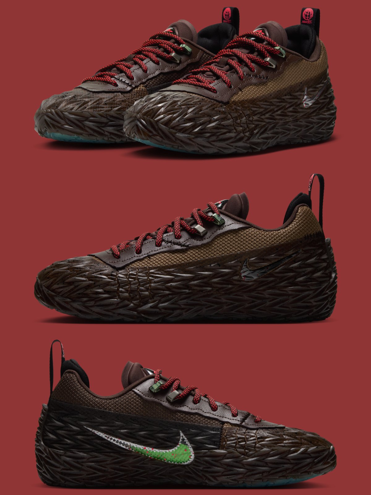 Cade Cunningham's Nike ST Charge Halloween in dark brown with a jagged chainsaw-tooth textured lower, red rope laces and a green medial Swoosh, shown from three angles on a red background. Photo via House of Heat