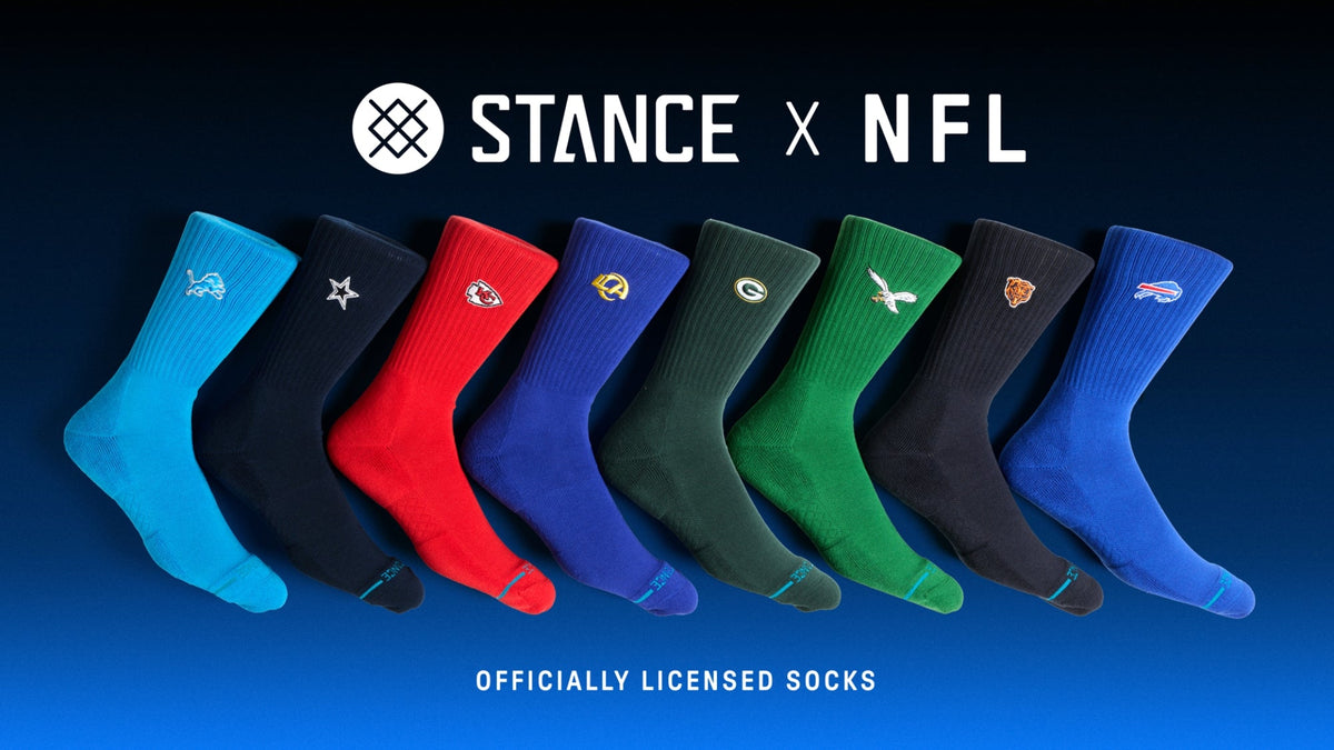 Stance x NFL officially licensed crew socks in Lions, Cowboys, Chiefs, Rams, Packers, Eagles, Bears and Bills colors