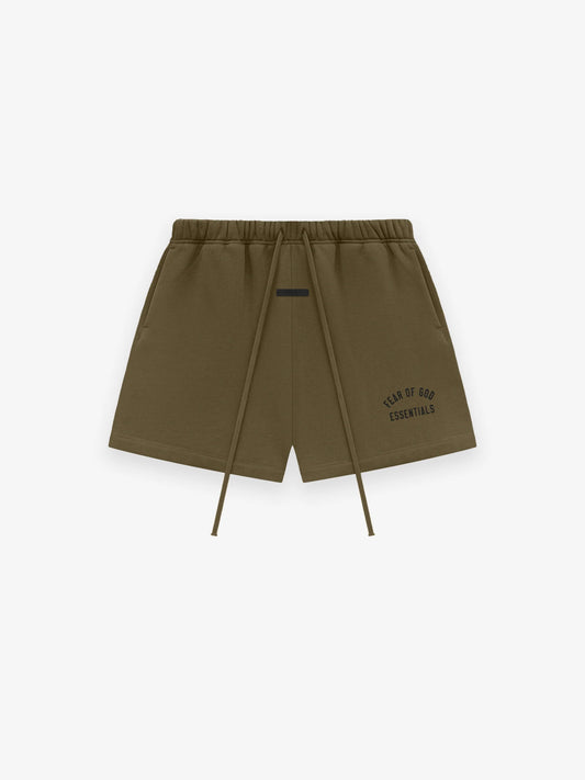 Fear of God Essentials Fleece Soccer Shorts in Olive