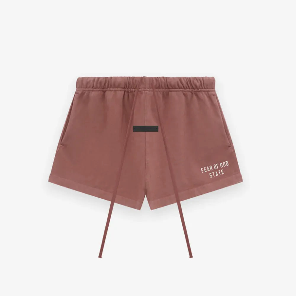 Fear of God Essentials Heavy Jersey Soccer Shorts in Crimson Fear of God Essentials Heavy Jersey Soccer Shorts in Crimson