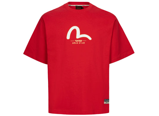 Evisu Daicock and Gold Kamon Print Relax Fit T-Shirt in Red