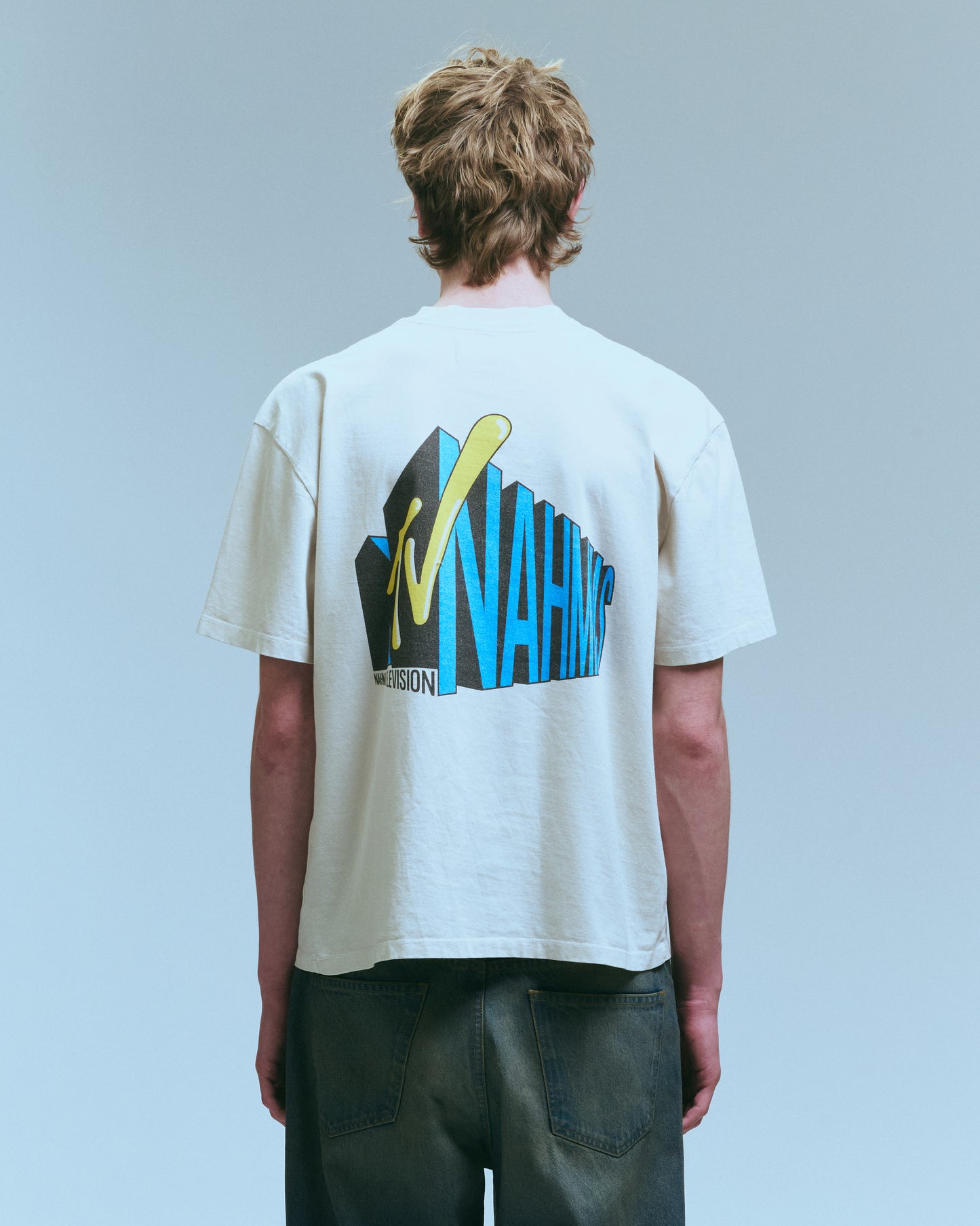 Nahmias TV Boxy Tee in Egg White, men's boxy t-shirt in egg white, view 5