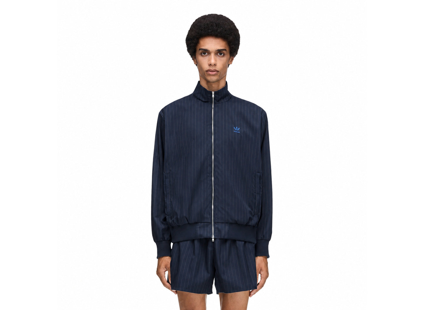 Adidas x Wales Bonner Pinstripe Track Jacket in Night Navy — model front view