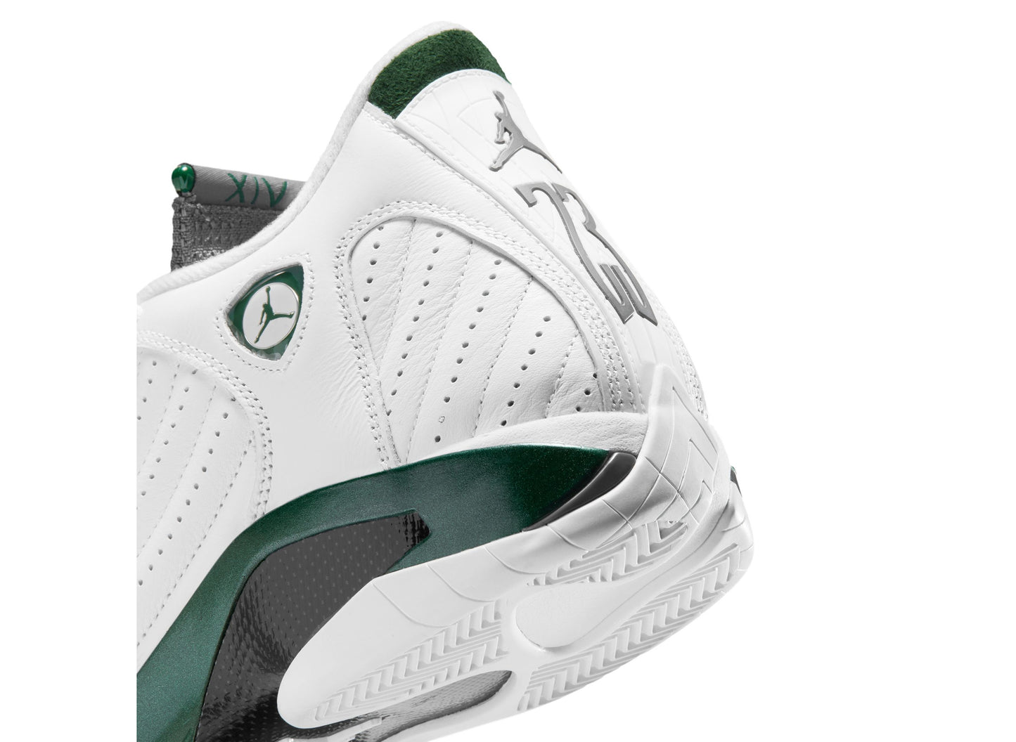 Air Jordan 14 Retro Forest Green in Gorge Green / Light Graphite / White — Heel and midsole detail