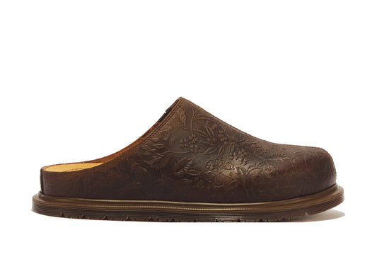 Dr. Martens San Floral Emboss Crazy Horse Leather Mule in Dark Brown side view