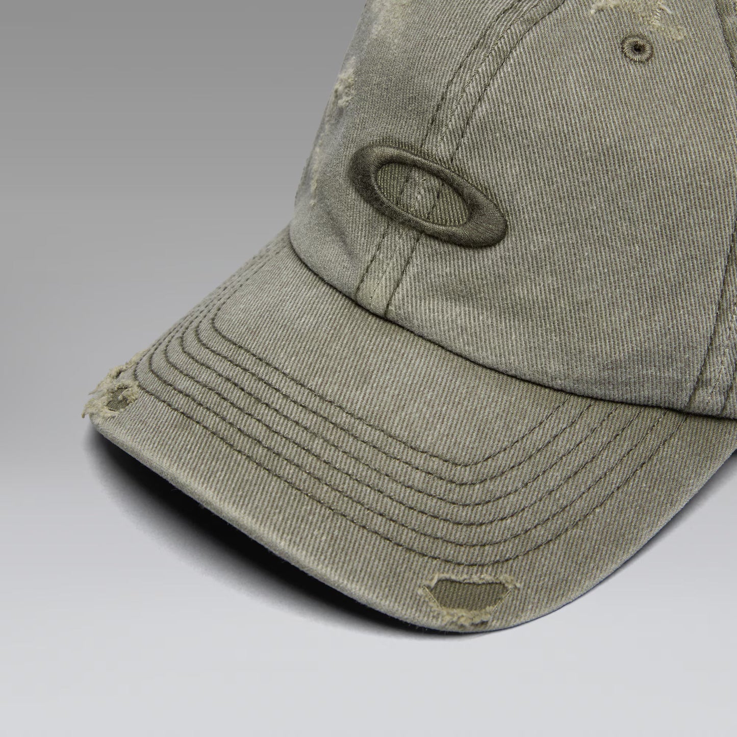 Oakley x '47 Reserve Distressed Cap in Deep Olive logo and brim detail