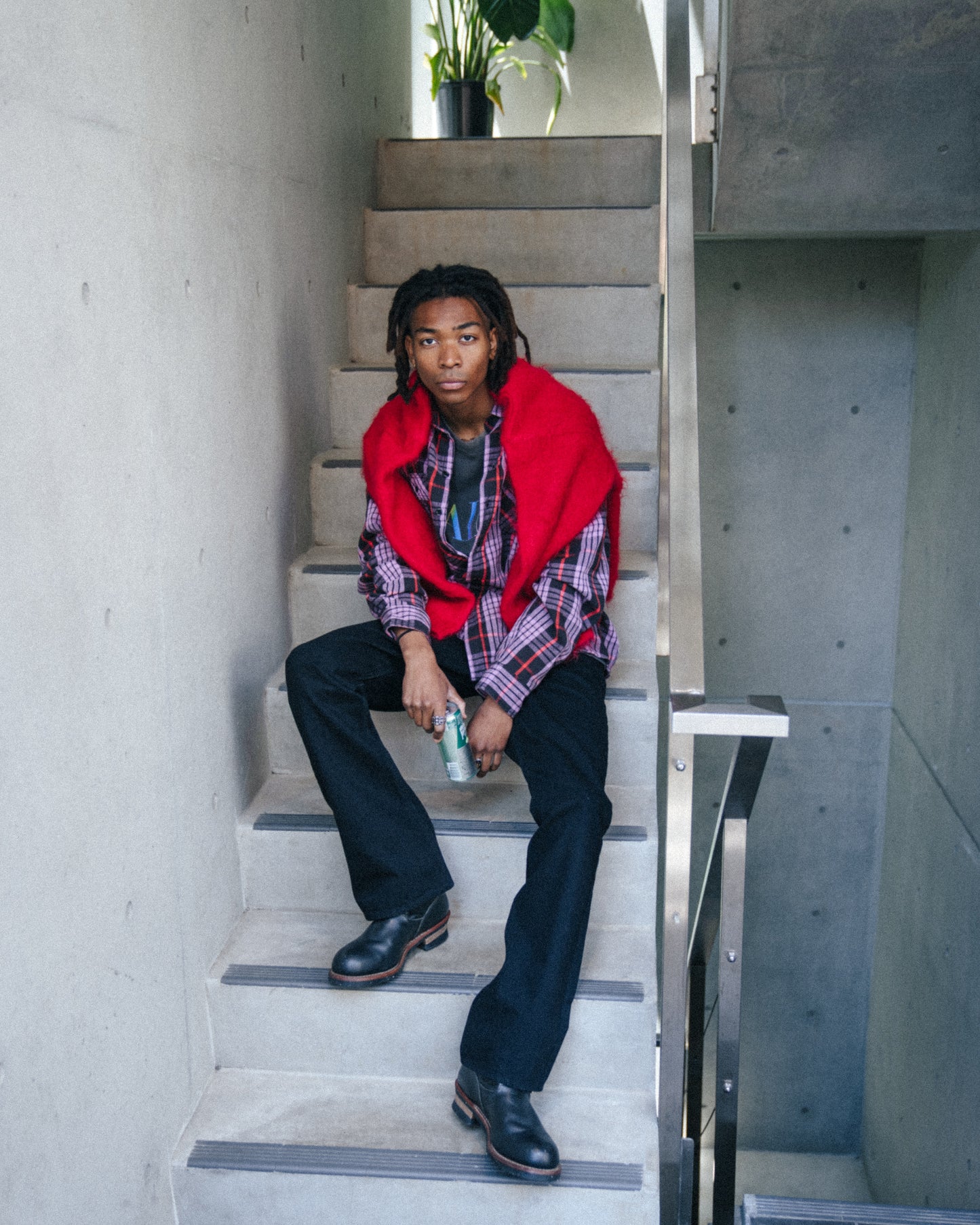 Saint Michael Check Shirt in Purple — model styling