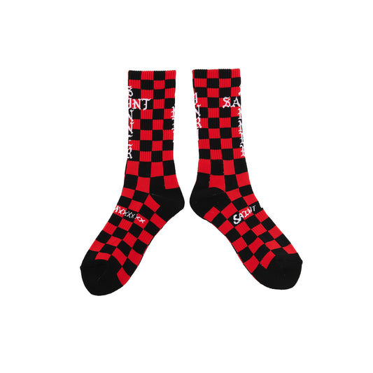 Saint Michael Check Socks in Black / Red — front studio view