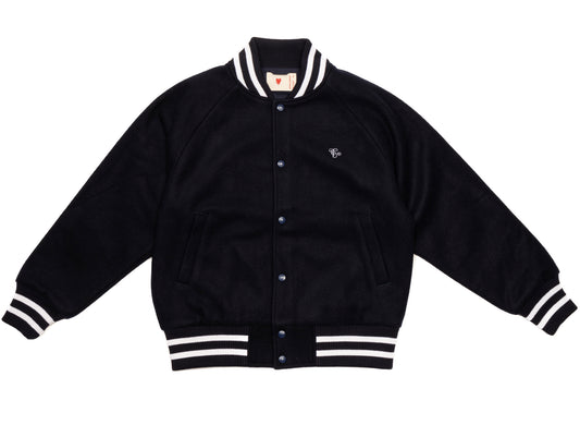 Emotionally Unavailable Melting Heart Varsity Jacket in Navy