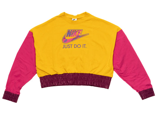Women's Nike Sportswear Fleece Crewneck in Dark Sulfur / Fireberry / Sangria