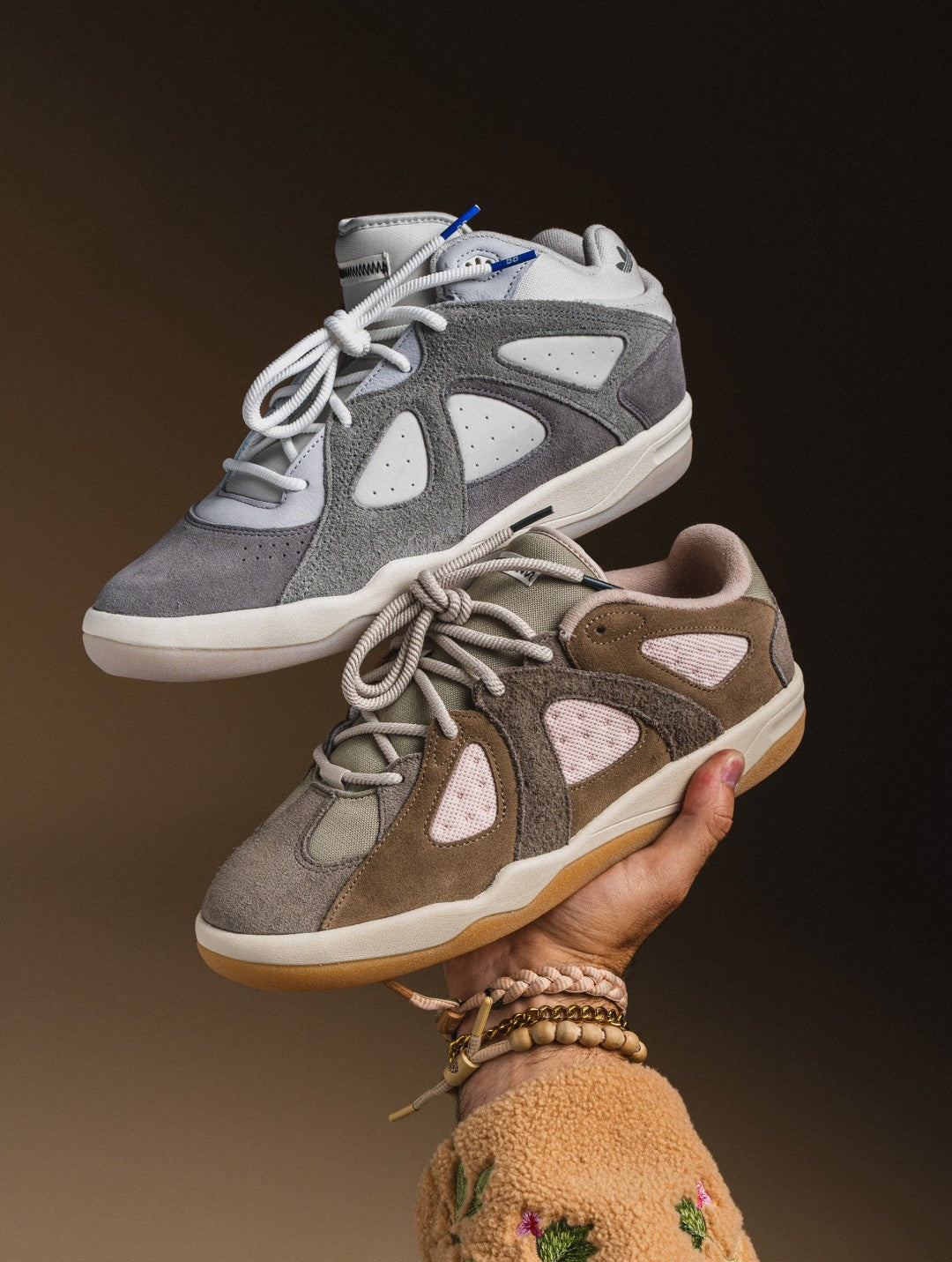 Bad Bunny x adidas BadBo 1.0 and 1.1 in grey suede and brown suede with pink mesh, image via Fullress