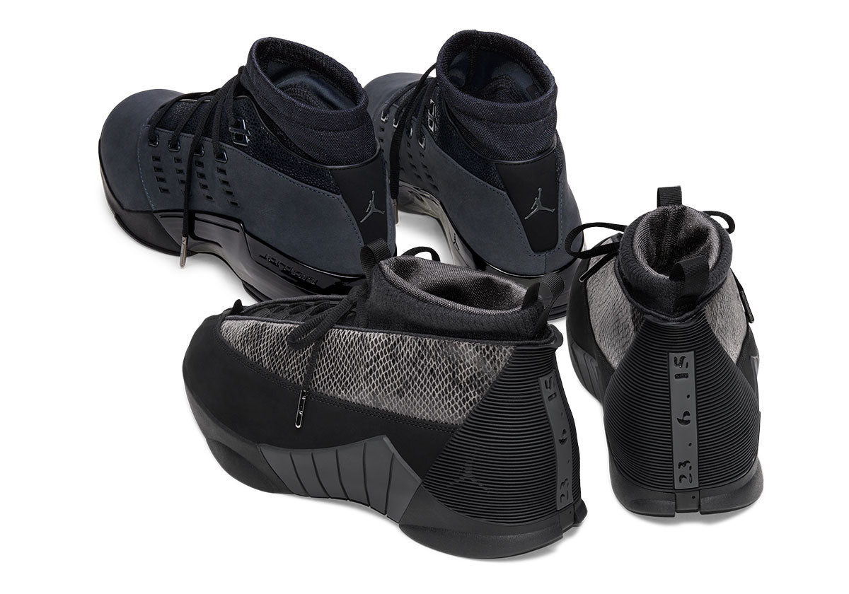 Air Jordan 15 and Air Jordan 17 Low Black Pack heels, image via Sneaker News