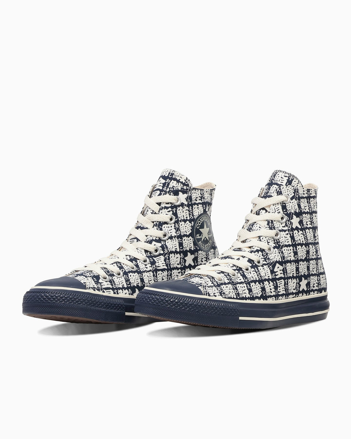 Converse Japan All Star Yunomi Hi Navy/White — pair three-quarter, fish-kanji print on navy canvas