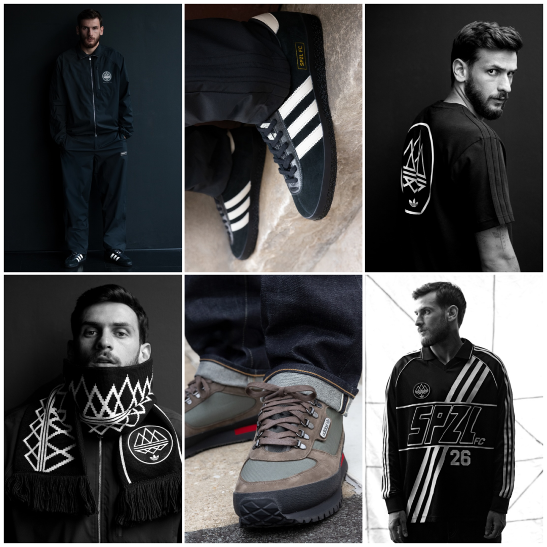 adidas SPEZIAL F.C. FW26 lookbook collage — model in SPZL FC kit, scarf, and footwear, official campaign