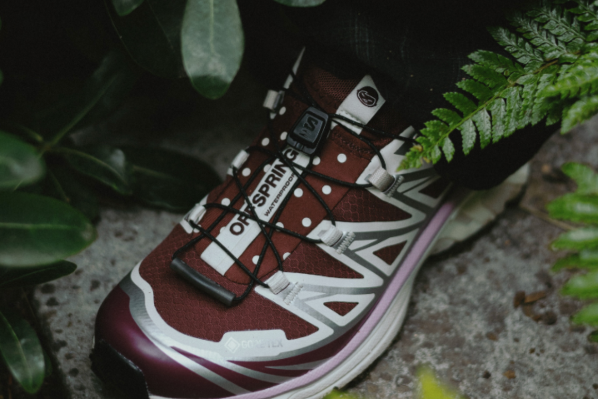 OFFSPRING x Salomon XT-6 GTX Polka Dot on-foot among ferns — burgundy mesh, white dots, silver overlays