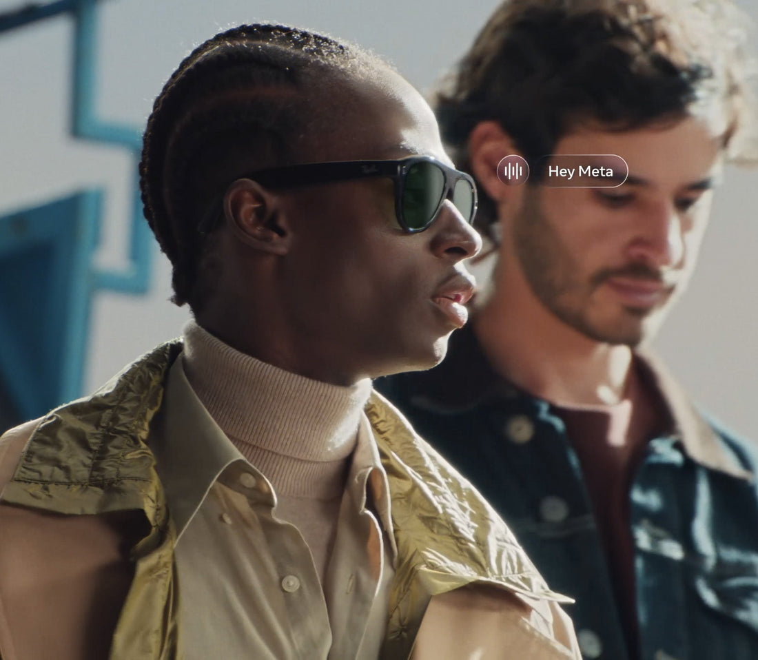 Person wearing Ray-Ban Meta Gen 3 Wayfarer smart glasses with Hey Meta voice UI overlay in an urban setting