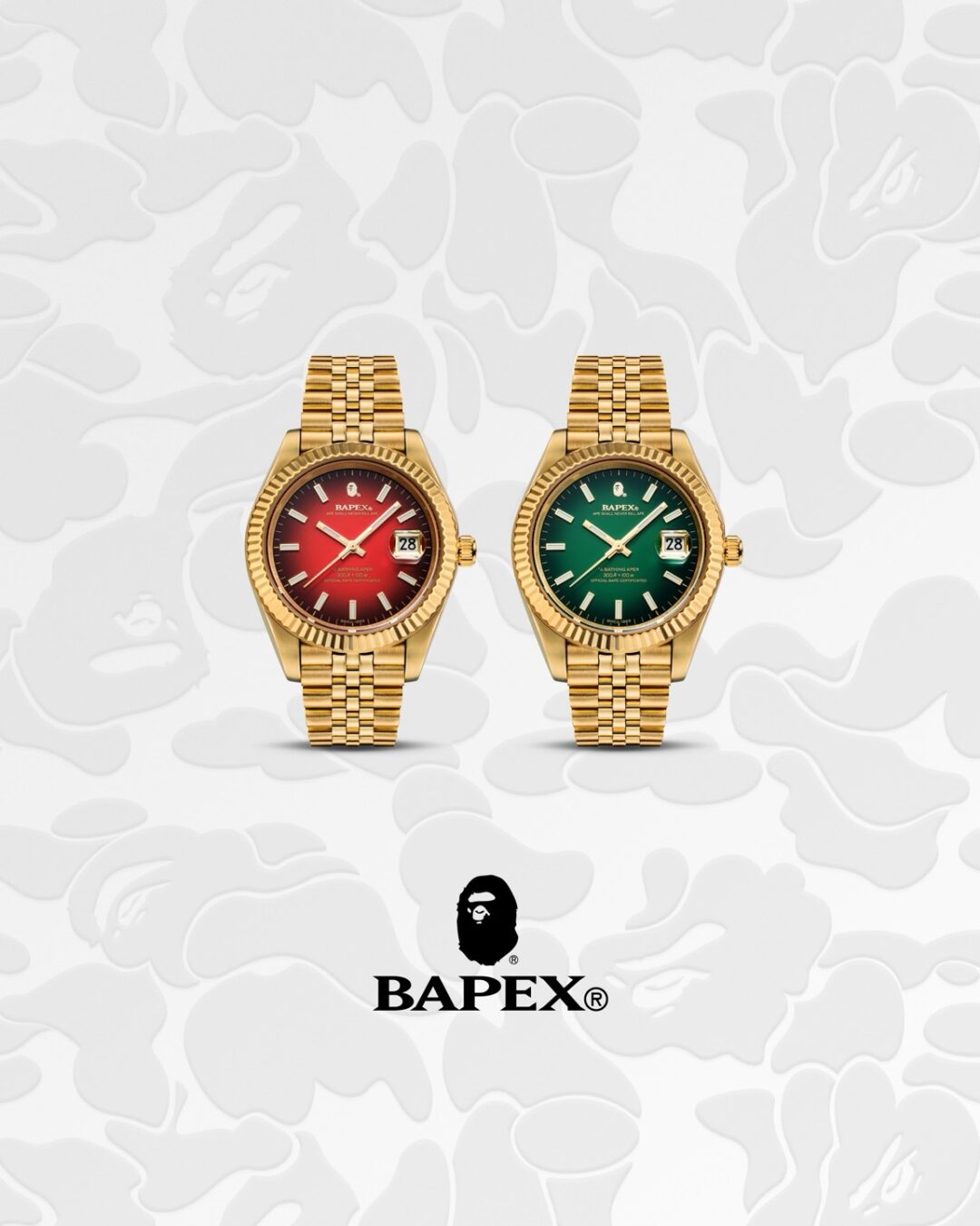 BAPE TYPE 6 BAPEX Green and Red Dial pair — gold jubilee watches on camo ground, official BAPEX promo