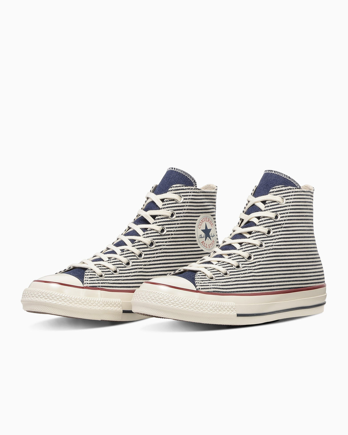 Converse Japan All Star Aged HC HI Hickory pair with navy/cream railroad stripe canvas, official Converse Japan