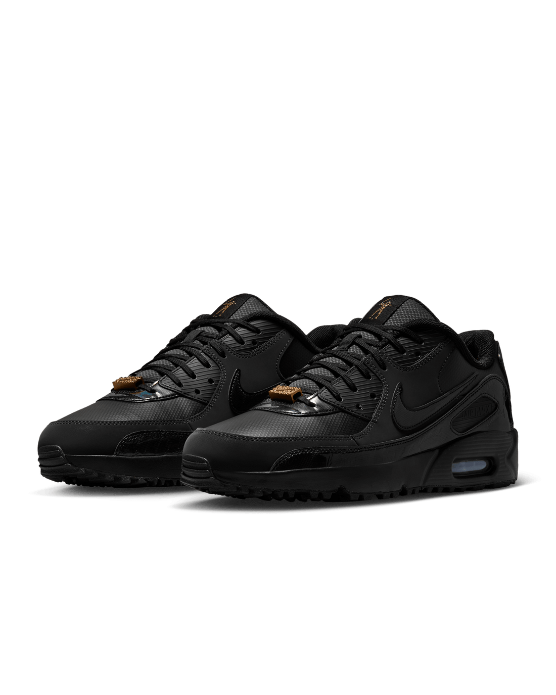 Eastside Golf x Nike Air Max 90 Golf IO4670-001 pair on black, gold tongue logos, official Nike press