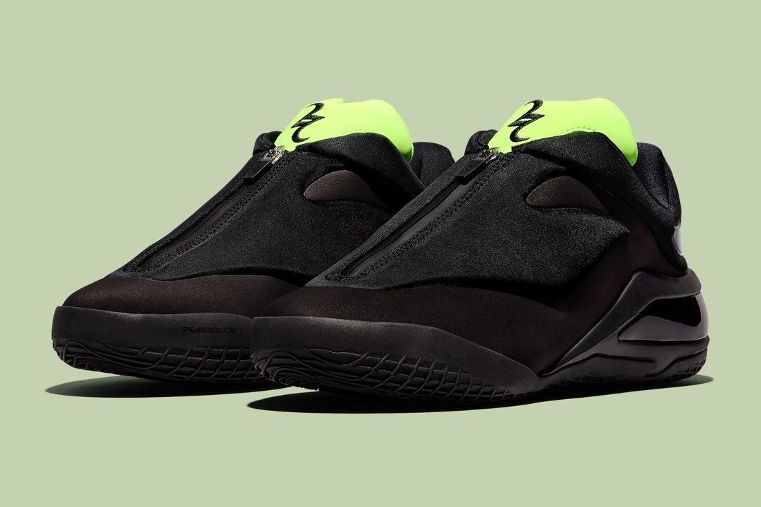 Converse SHAI 001 Shroud “Shock” pair in black with neon volt tongue unzipped, official press