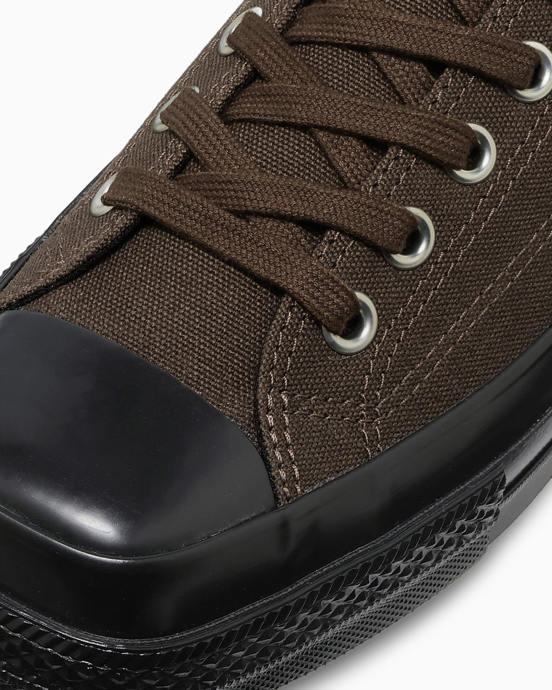 Converse Japan All Star Squaretoe OX Dark Brown/Black close-up of squared black rubber toe, official Converse Japan