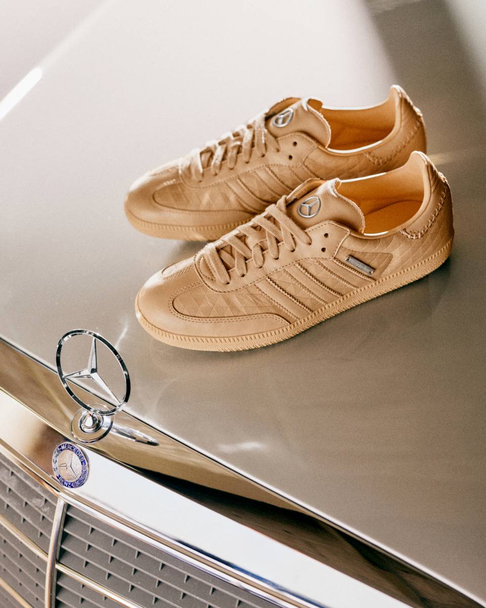 adidas Samba OG x Mercedes-Benz Magic Beige on classic Mercedes hood — official press