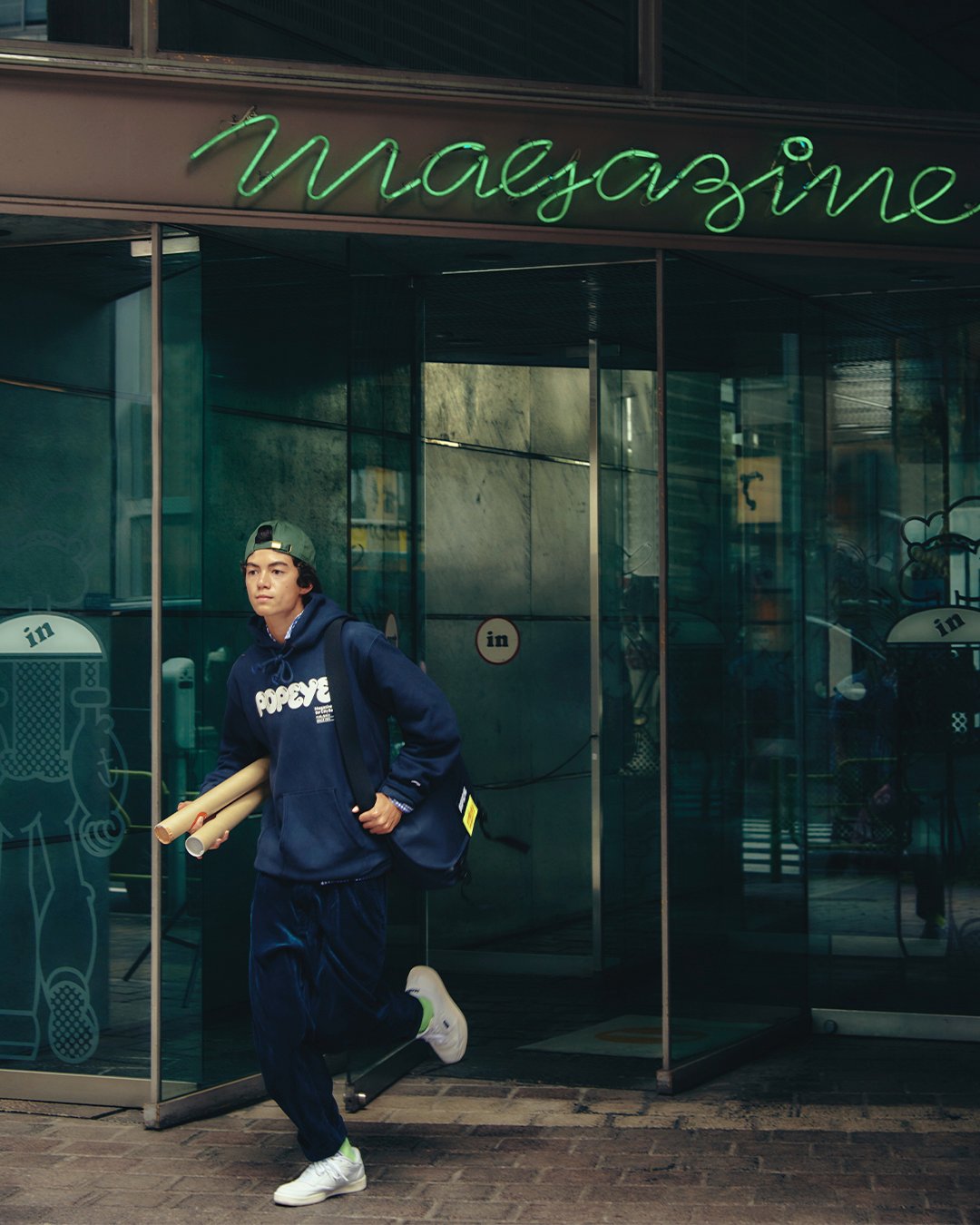 BEAMS × POPEYE CITY BOY lookbook — Champion Reverse Weave hoodie, Reebok Club C 85 Vintage, Manhattan Portage bag — official BEAMS campaign