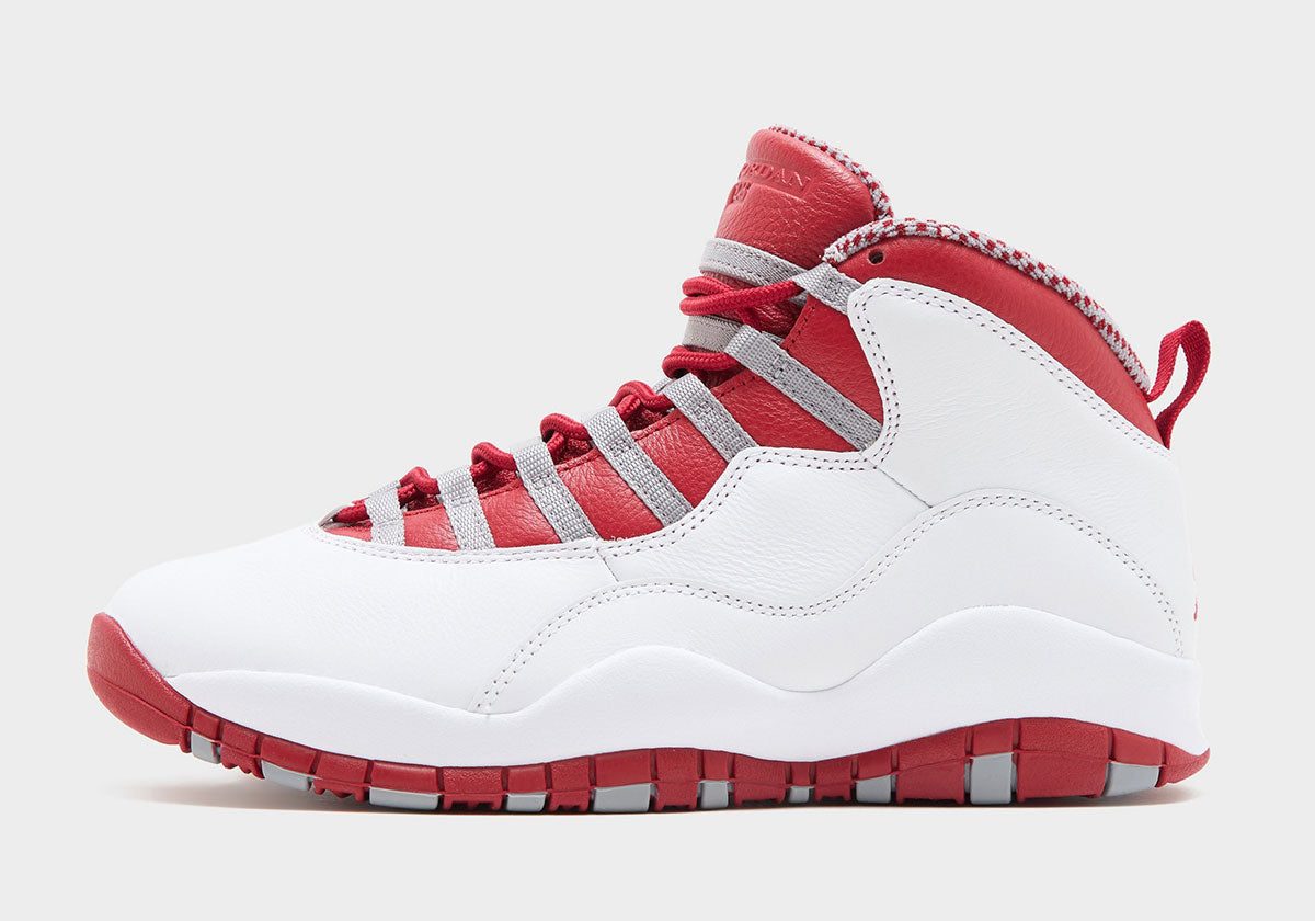 Air Jordan 10 Red Steel in white, red and steel grey, lateral side view. Image via Sneaker News