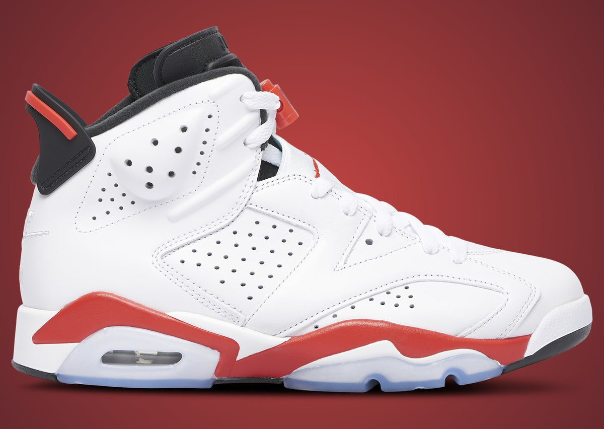 Air Jordan 6 Retro White Infrared CT8529-105 side view with Nike Air heel. Retailer image via Sole Retriever