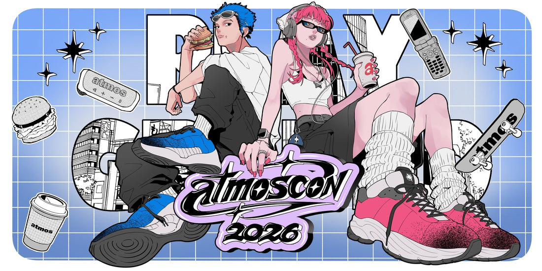 atmoscon 2026 key visual: two illustrated sneakerheads in blue and pink shoes over the atmoscon 2026 logo — official atmos artwork