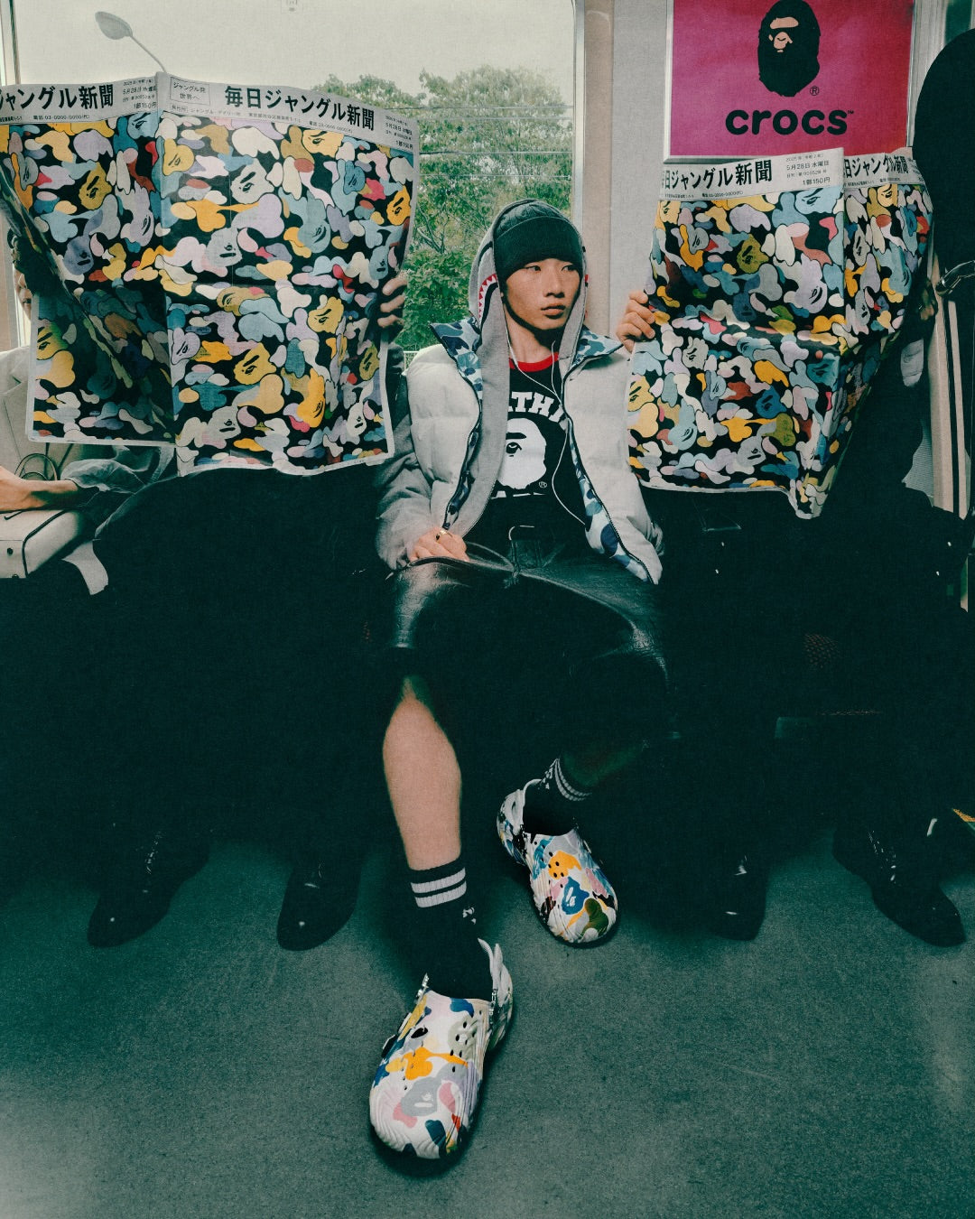 BAPE × Crocs Echo 2 Clog ABC Camo — on-model subway campaign lookbook — official collab press
