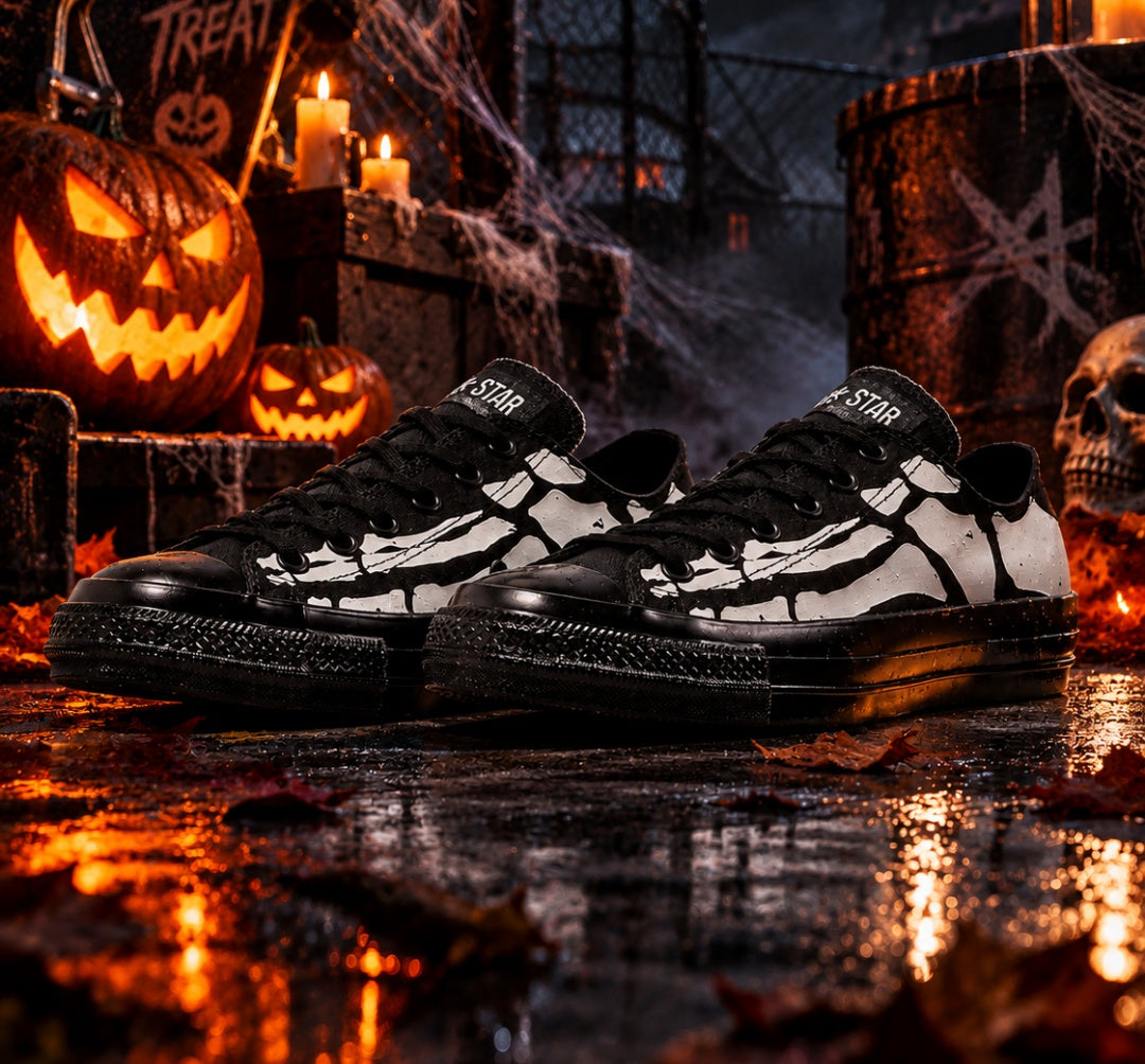 Converse ALL STAR AGED BONEPRINT OX — skeletal foot print on Halloween night scene — official look