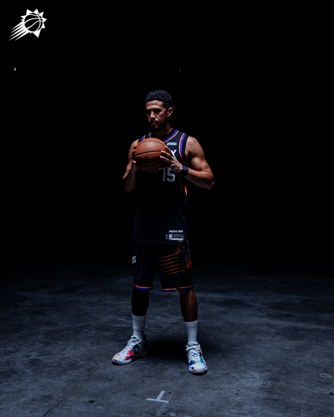Devin Booker wears Futura × Nike Book 2 at Phoenix Suns Media Day — official team photo, courtesy Phoenix Suns