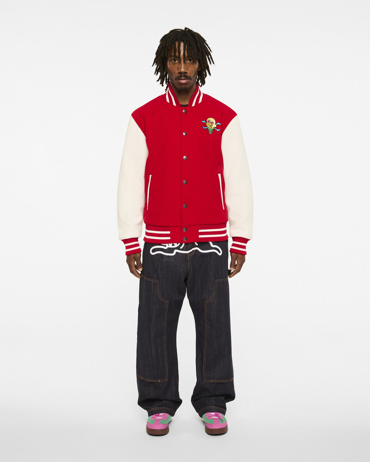 ICECREAM Mr. Me Too 20th Anniversary Varsity Jacket red — on-model front