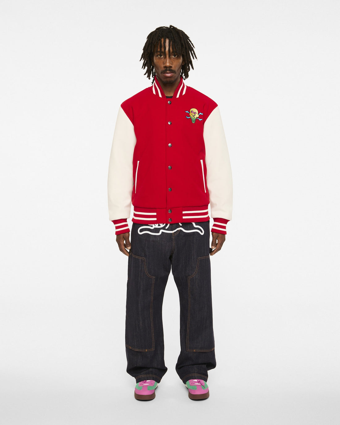ICECREAM Mr. Me Too 20th Anniversary Varsity Jacket red — on-model front