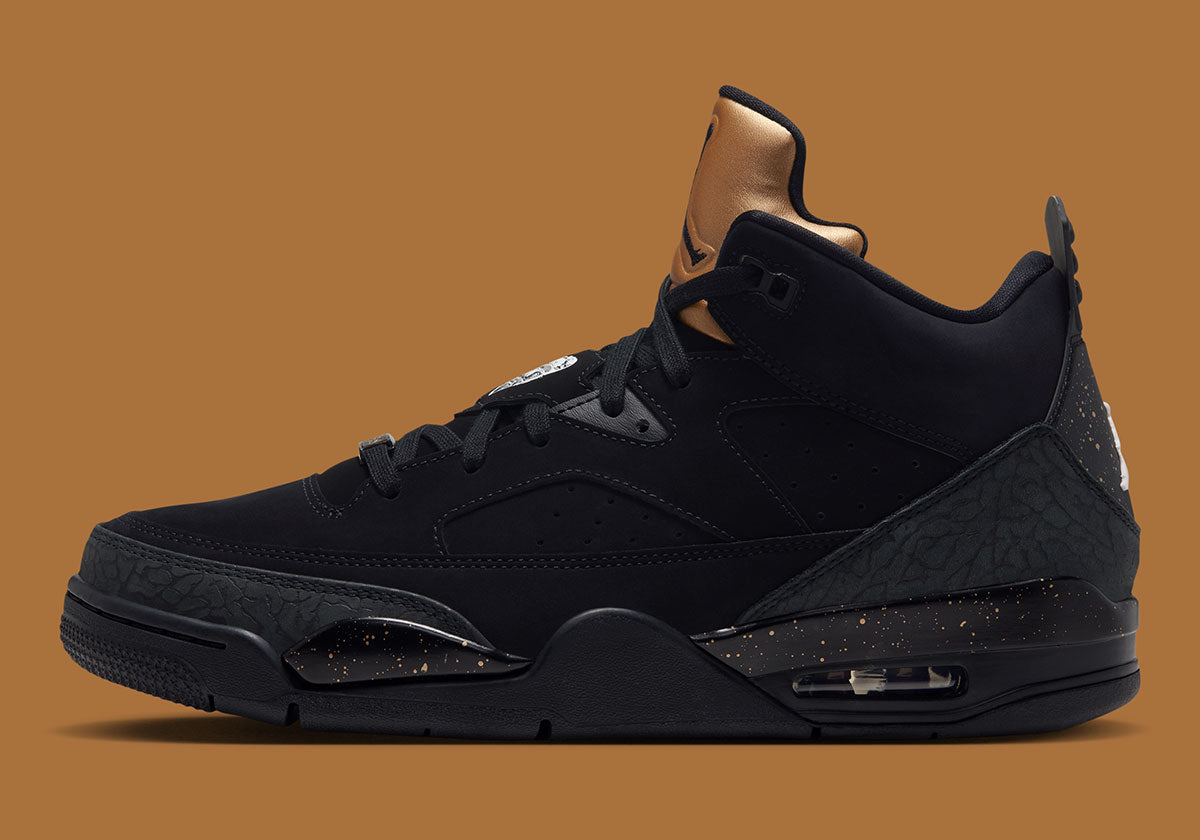 Jordan Son Of Mars Low Gold Tongue 580603-007 side view in black nubuck with a metallic gold tongue