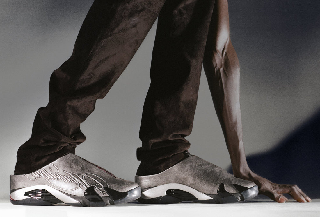 MOWALOLA × Air Jordan 14 Mule — metallic silver on-foot campaign