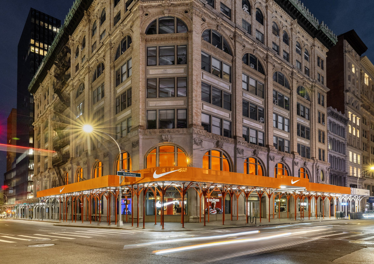 Nike SoHo store exterior at night on Broadway — official Nike newsroom