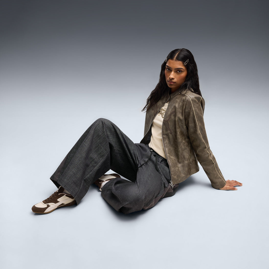 PUMA × The Powerpuff Girls lookbook — on-model pleather jacket and Bella Mina — official Media Hub campaign