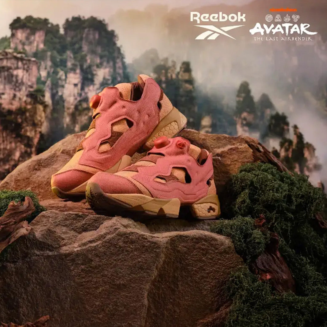 Reebok x Avatar: The Last Airbender Instapump Fury 94 in Air Nomad orange and tan on a mossy rock in front of misty stone mountains — official Reebok campaign image
