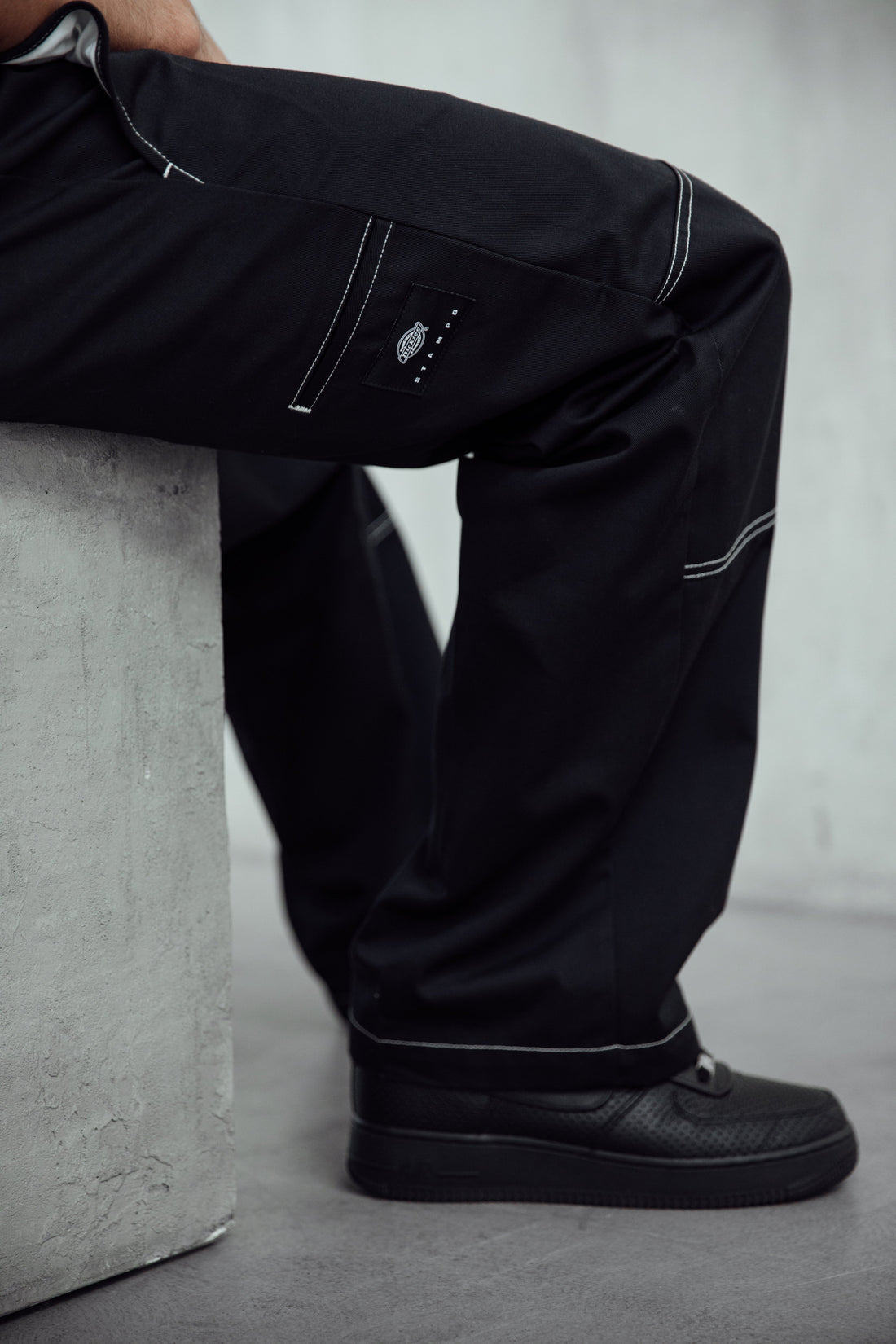 STAMPD × Dickies Double Knee Loose Fit pants — black with white contrast stitch, on-model lookbook — official stampd.com