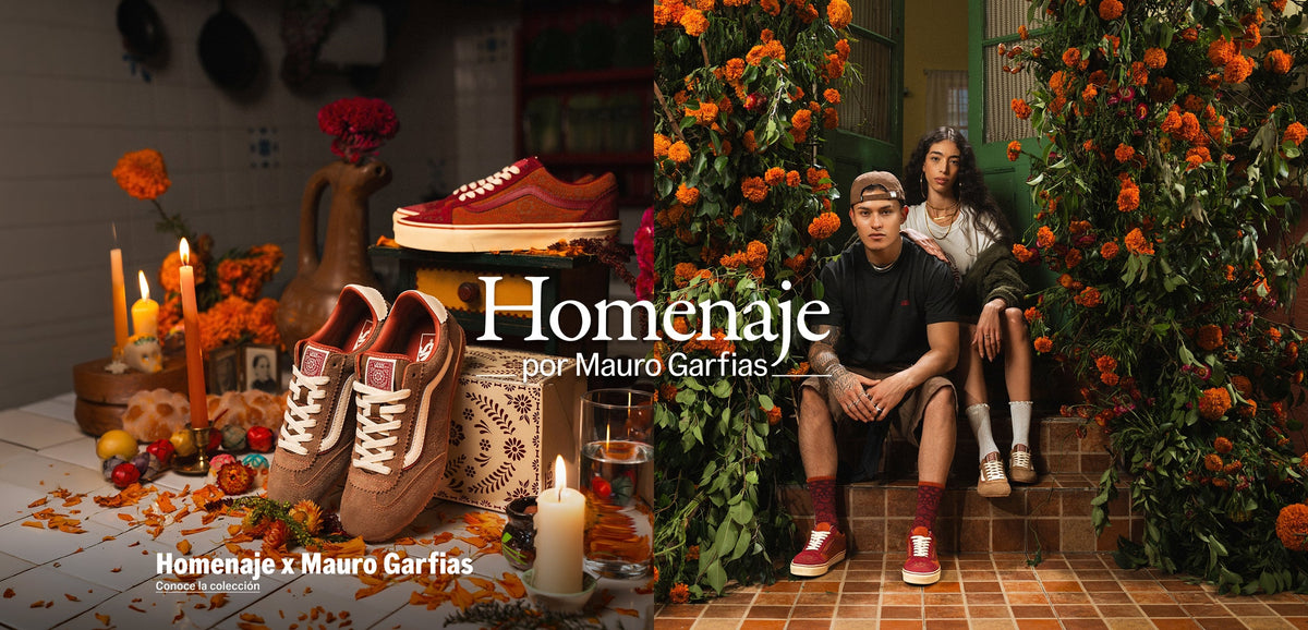 Vans Homenaje × Mauro Garfias Día de Muertos campaign — ofrenda and on-model — official Vans México