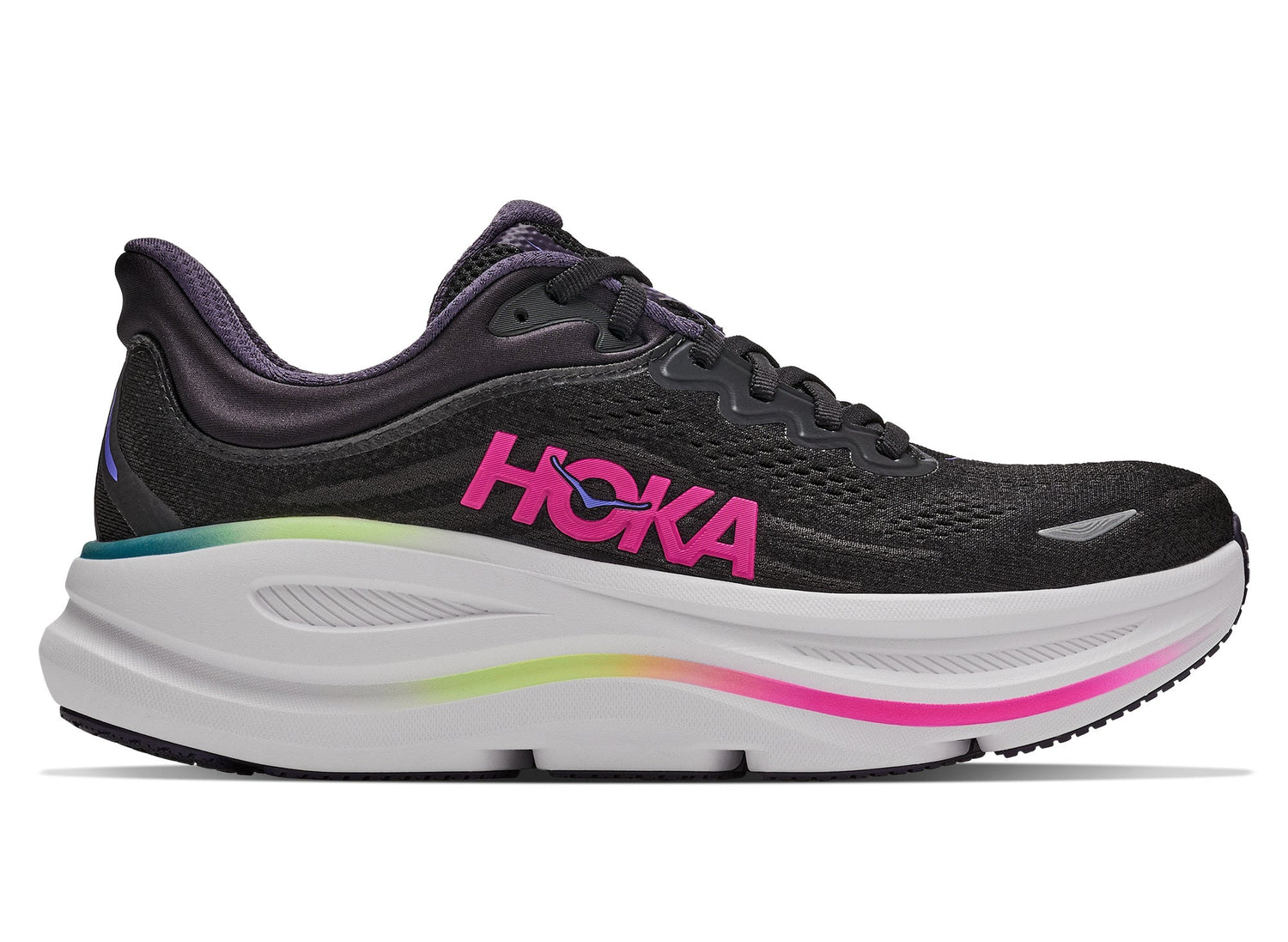 Women's Hoka Bondi 9 in Black / Neon Dragonfruit - view 1 on white