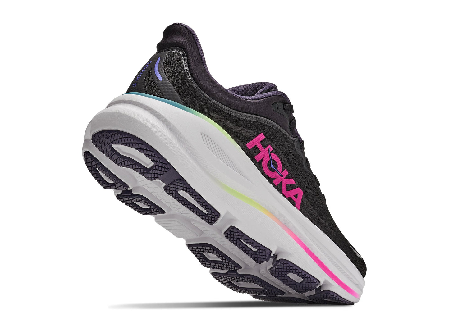 Women's Hoka Bondi 9 in Black / Neon Dragonfruit - view 4 on white