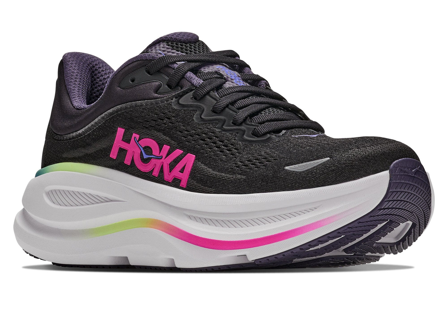Women's Hoka Bondi 9 in Black / Neon Dragonfruit - view 6 on white