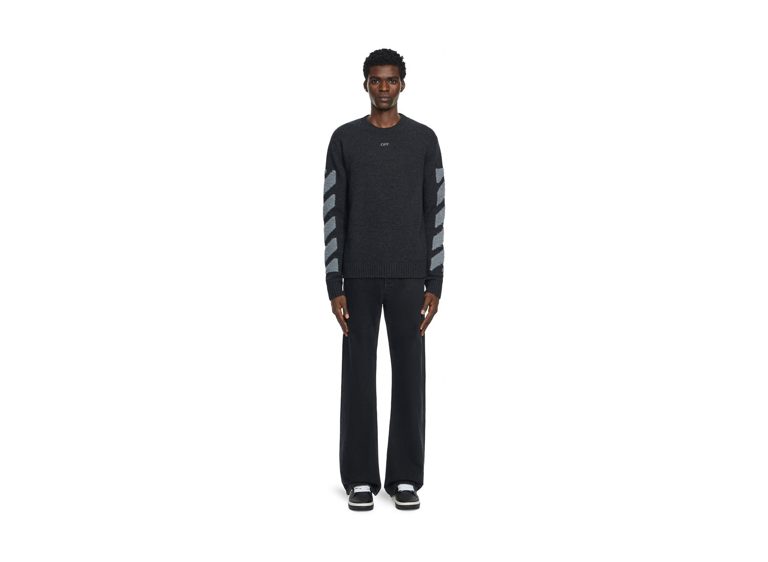 OFF-WHITE Diagonals Fuzzy Knit Crewneck in Anthracite — view 2