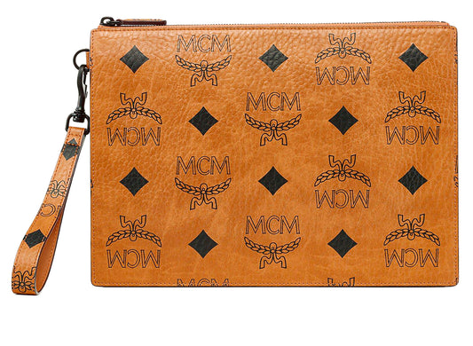 MCM Medium Aren Maxi Monogram VI Flat Pouch in Cognac